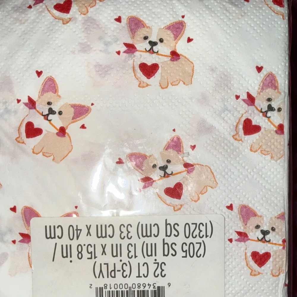 Set of 2 Sealed Valentines Day Napkin Sets Love Hearts & Cupid Corgis